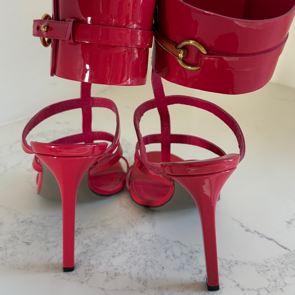 Gucci Ursula Horsebit Ankle Strap Heels Red Patent Leather Size 36.5 - Picture 6 of 17